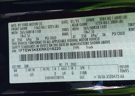 2024 Ford F-150 Xlt из США, поврежденный, VIN 1FTEW3K8XRKD18220